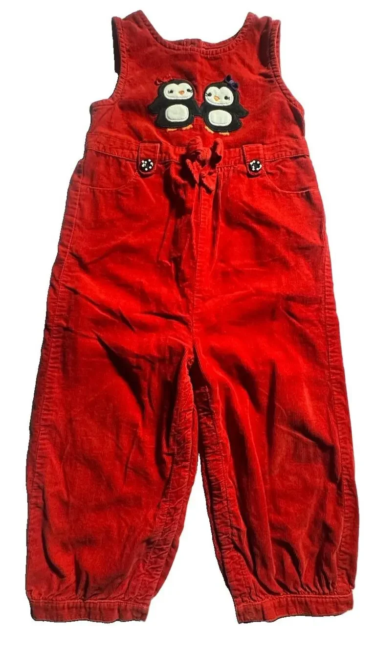 Gymboree Girls 2T Red Corduroy Penguin Applique Overalls
